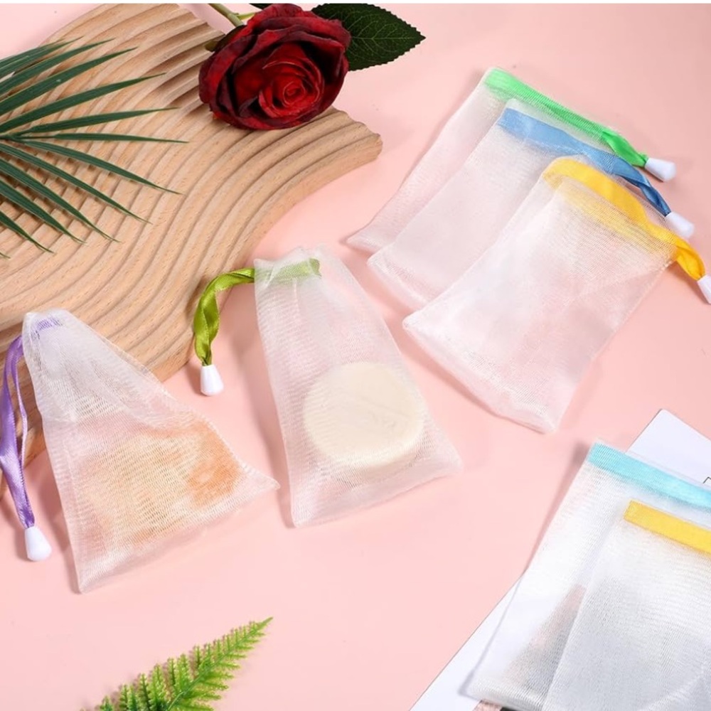 Pack of THREE Colorful Drawstring Mesh Bags SOAP Savers Color Coded